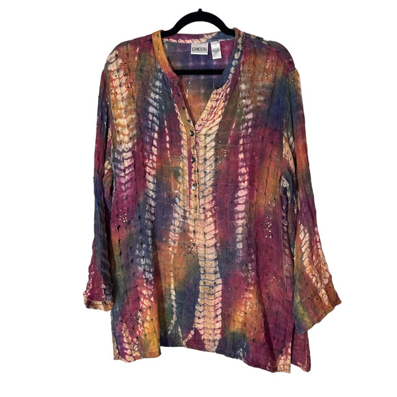 chicos Tops - Chico's 100% Linen LS Rare Tunic Lagenlook Sequin Grid Tie Dye Hole Top Size 3